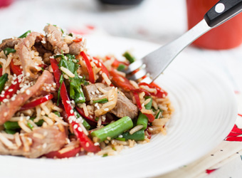 Fried rice with sesame beef and vegetables